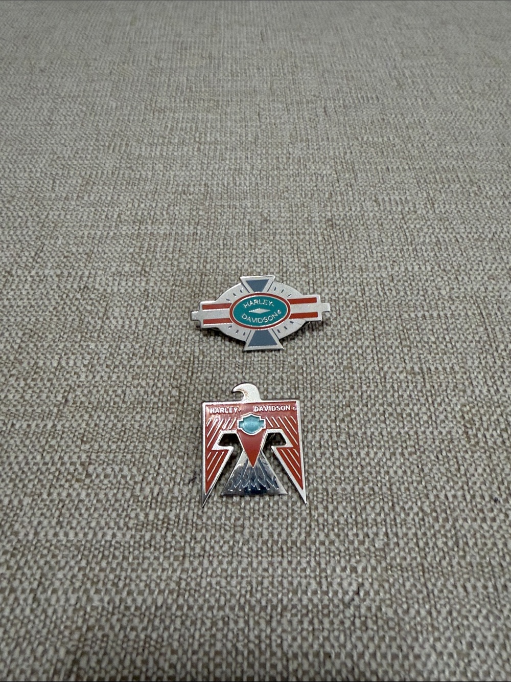 Harley-Davidson Red, Teal & Silver Enamel Pin Pair